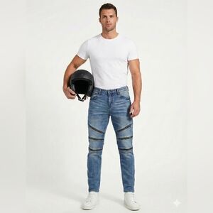 Guess Men's Moto Jeans 38 Skinny Light Wash Distressed Zipper Detail Biker